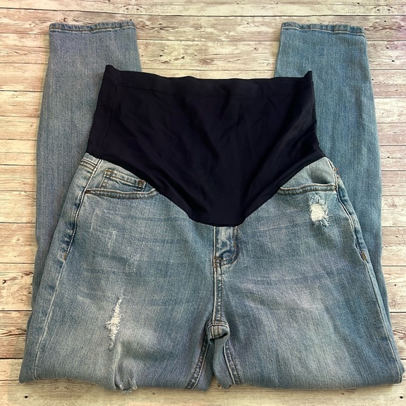 Pinkblush Light Wash Distressed Full Panel Skinny Maternity Jeans - Picture 1 of 7